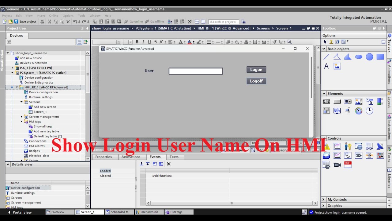 TIA Portal WinCC How To Show Login User Name On HMI Screen