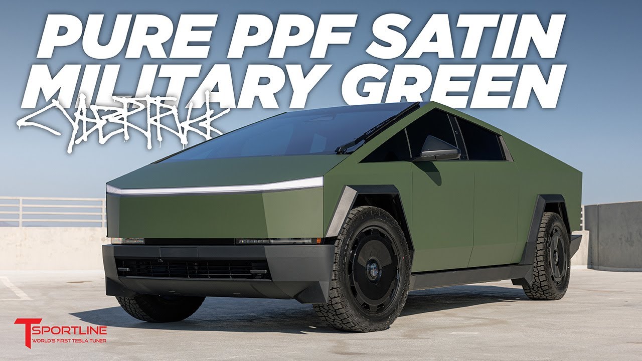 Cybertruck wrapped in Pure PPF Satin Military Green & Embossed Foundation Series Badges & 22