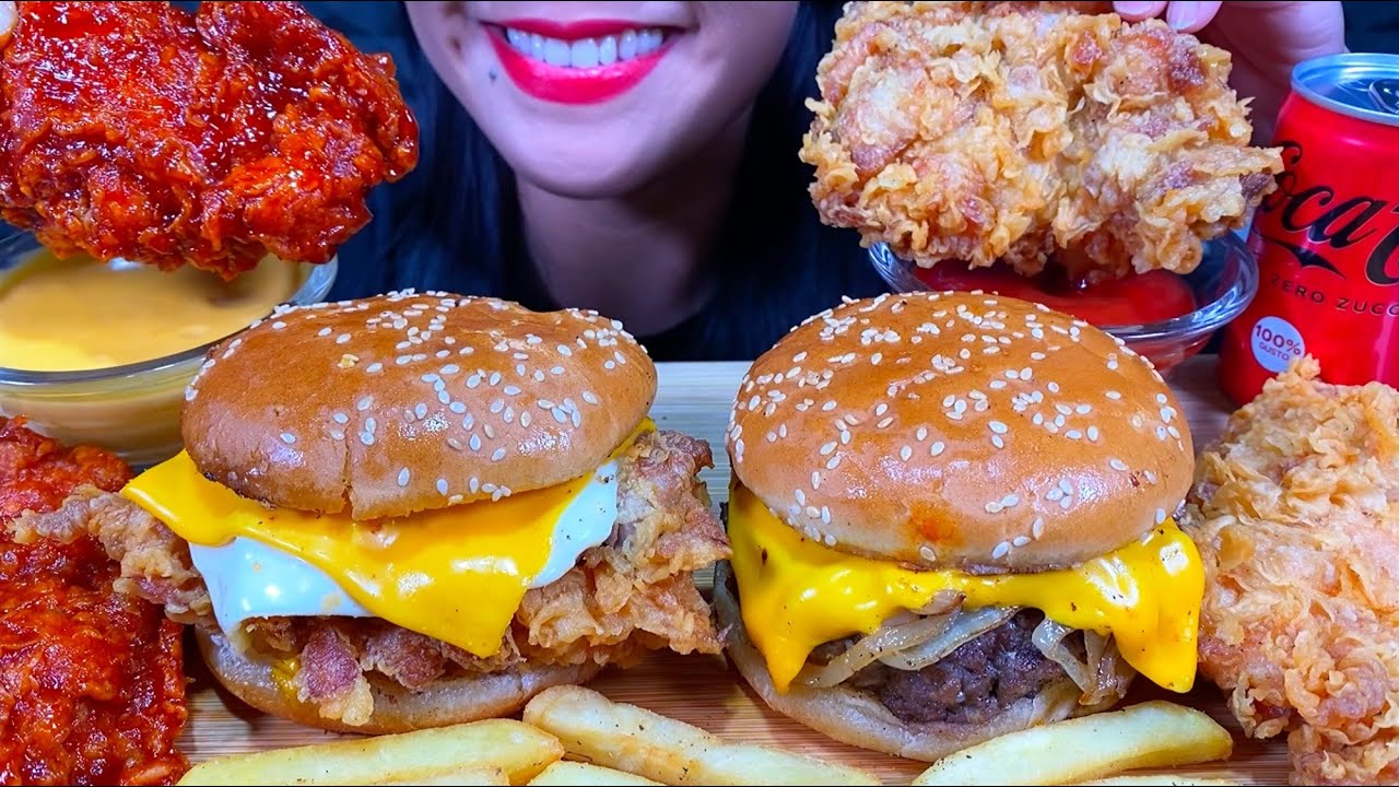 ASMR CHICKEN BURGER, CHEESEBURGER, SPICY FRIED CHICKEN, FRIES, MUKBANG MASSIVE Eating Sounds