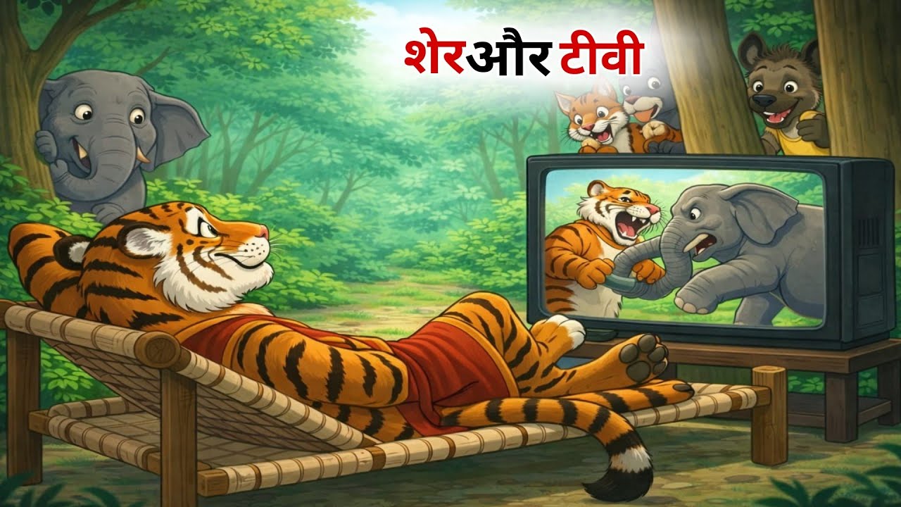 शेर टीवी देख रहा है | जंगल का राजा और रहस्यमयी टीवी | Hindi Cartoon Story