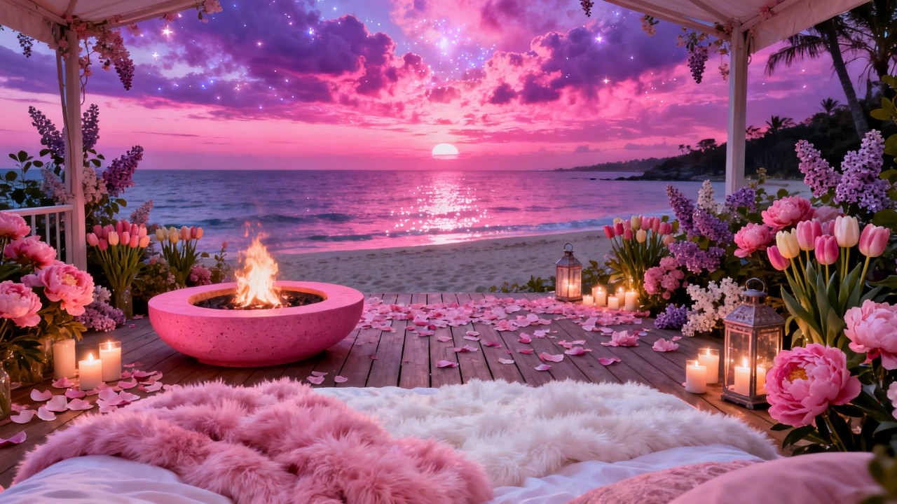 🌷🌊 Dreamy Pink Spring Beach Ambience ✨ Ocean Waves, Firelight & Healing Music