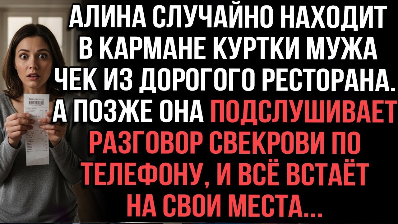 Алина случайно находит в кармане куртки мужа чек из ресторана.Она подслушивает разговор свекрови