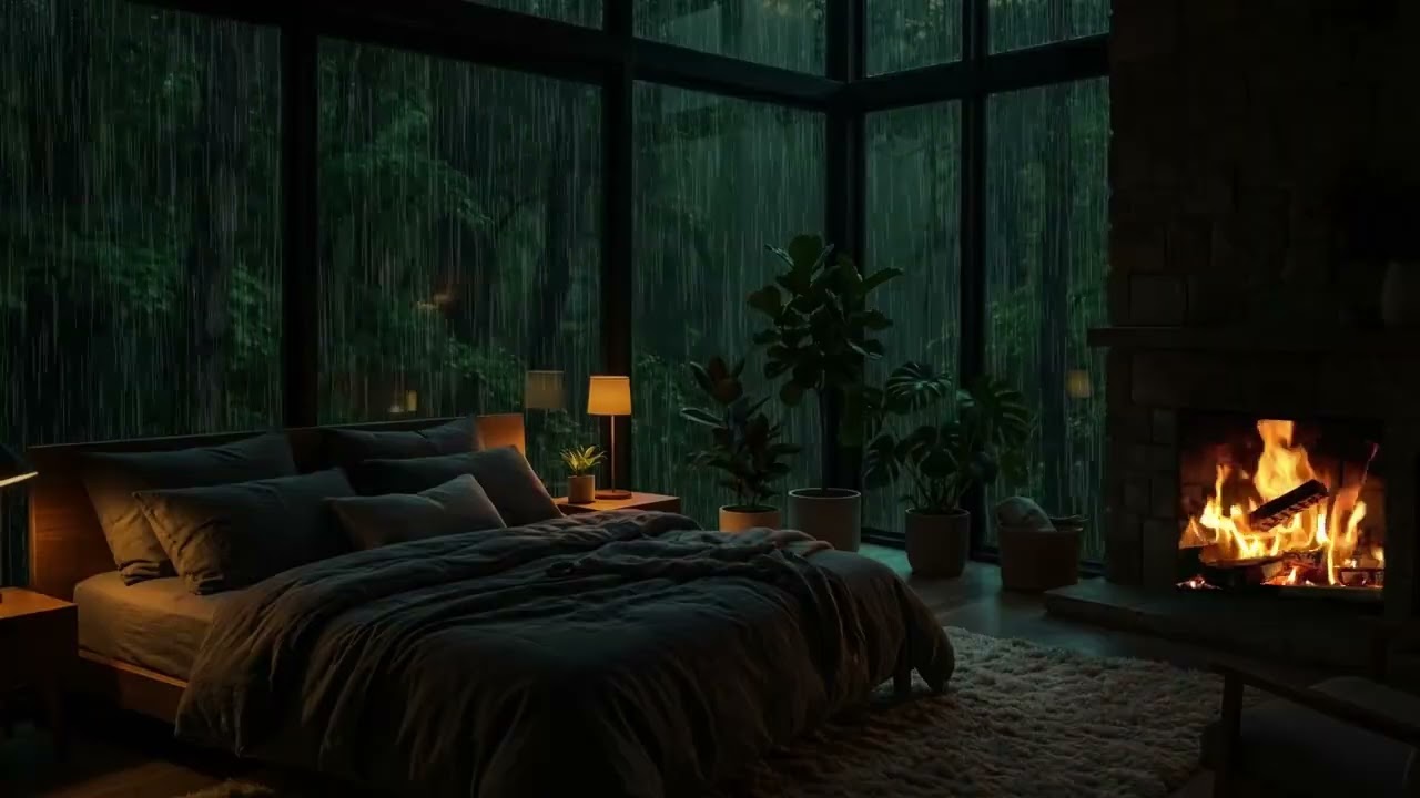 Cozy Night Rain 🌧️ Fireplace Ambience for Deep Sleep | 8 Hours
