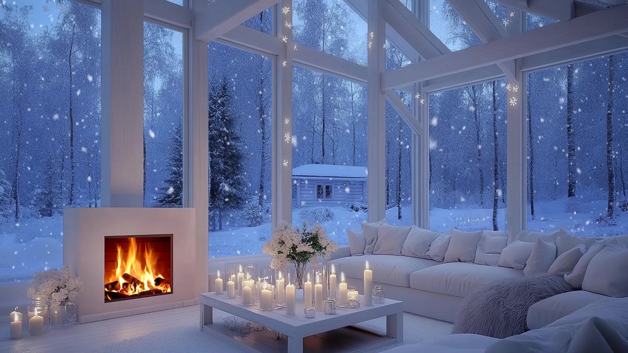 🎹 💙 Cozy Winter Piano Lounge | Snowy Window Night & Fireplace Glow | Study Focus Relax Meditation