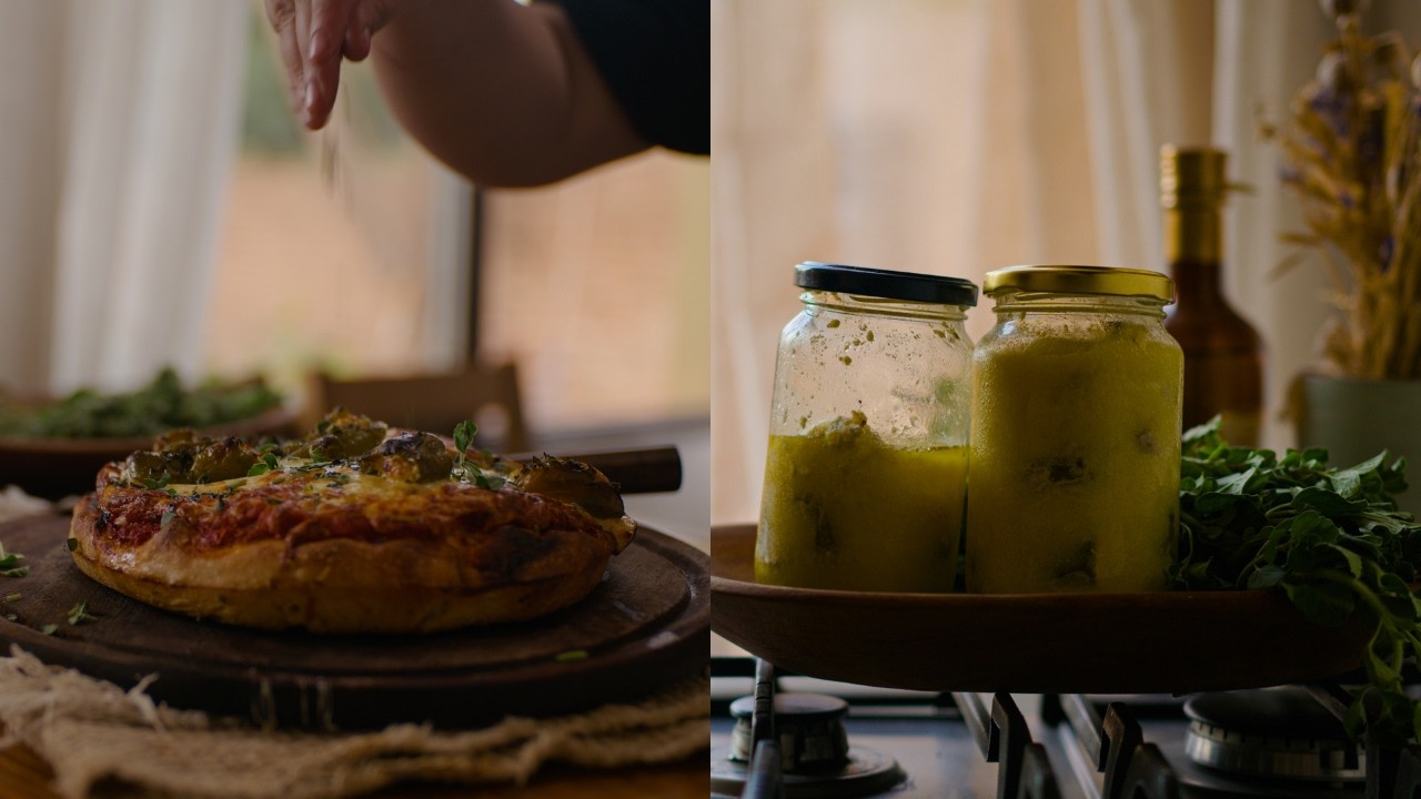 Pizza de masa madre y conservas de ajíes dulces rellenos