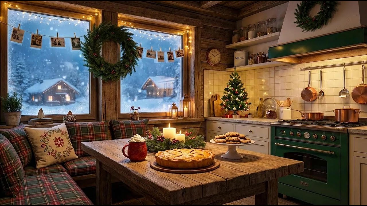Cozy 1950s Snowy Evening❄️ Oldies Playing in Another Room | Vintage Fireplace Crackle