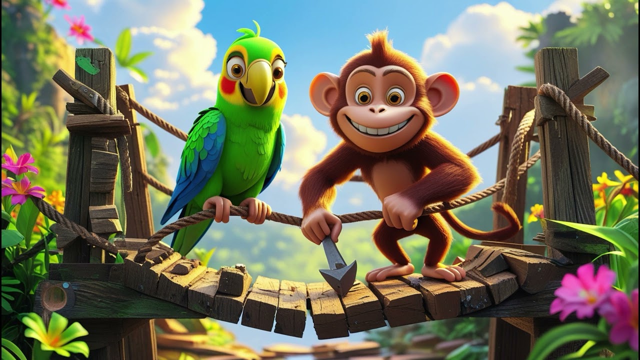 Parrot & Monkey Fix the Broken Bridge &ndash; Nursery Rhymes & Kids Songs