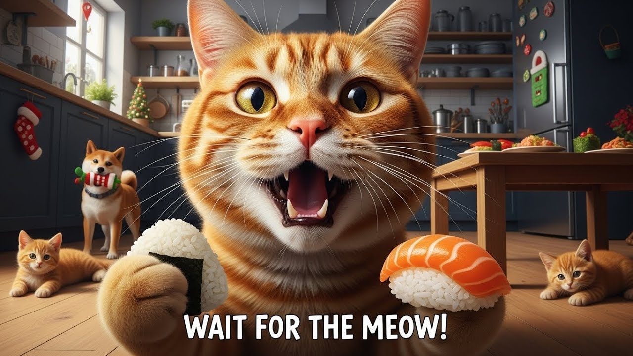 Mom Cat Calling Her Kittens to Enjoy Kitchen Moments! Christmas & Rescue Dog Puppy Working Playing