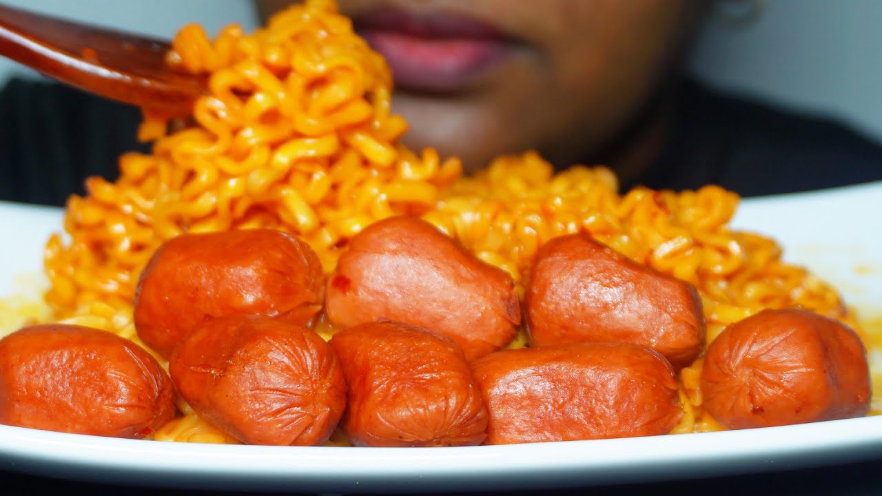 ASMR Carbo Buldak Fire Noodles and Sausage | Eating Sounds Mukbang