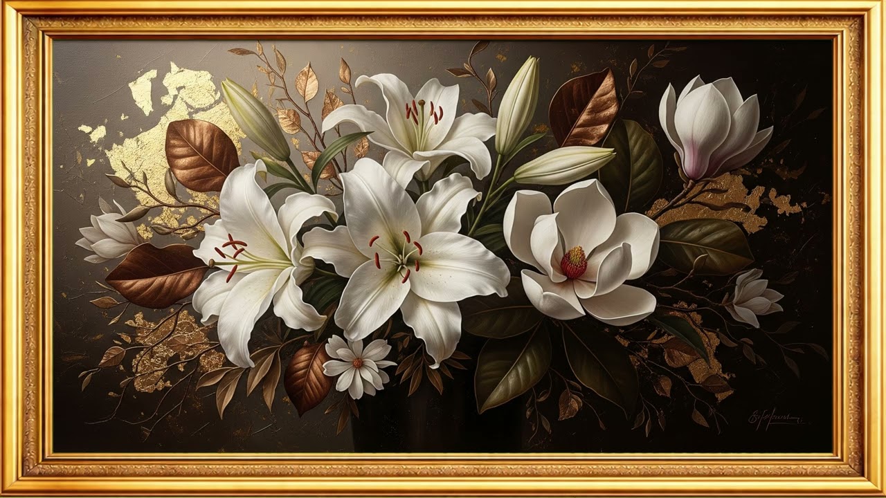 White Lilies & Magnolia Gold Leaf Art  4K Luxury Floral for TV Frame  Classical Elegance