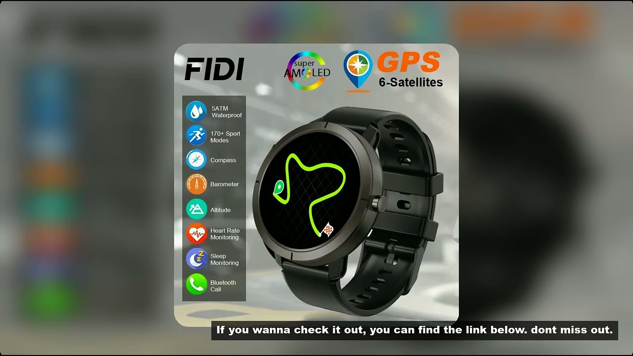 FIDI GPS 6-Satellites Smart Watch Compass Altimeter Barometric 170 Sport Modes 5ATM  Waterproof 1.32
