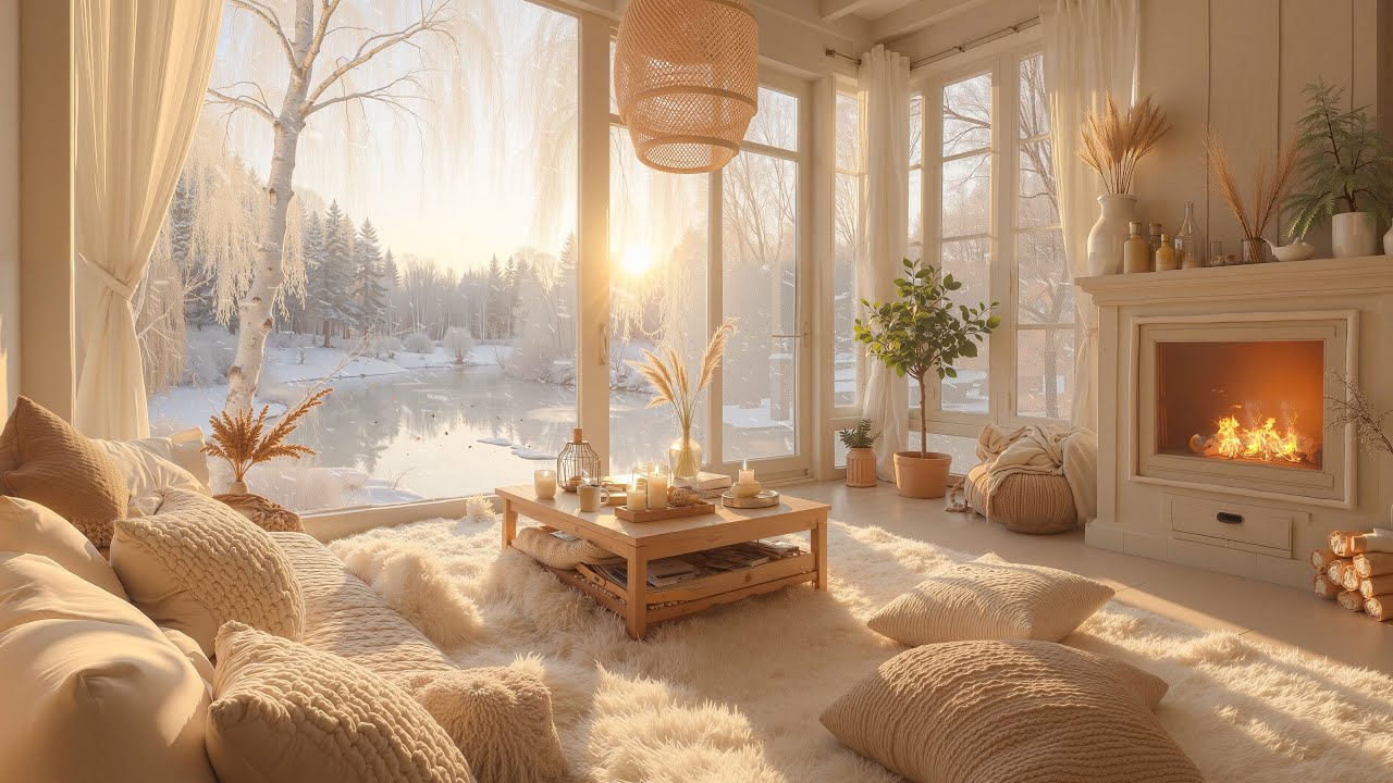 Warm Winter Balcony by the Lake ❄️ Piano Music, Falling Snow & Fireplace for Relaxation