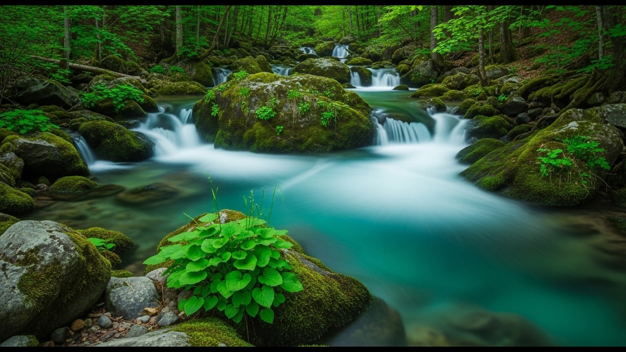 Waterfall Gentle Stream Sound in forest 24/7. Waterfall Sounds, Flowing Water, White Noise for Sleep