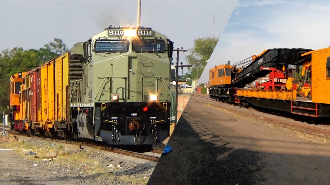 EL TREN DE AUXILIO DE FERROMEX CON LA GRUA ORTON Y UNA AC44C6M  DESPUES DEL DESCARRILE EN CELAYA