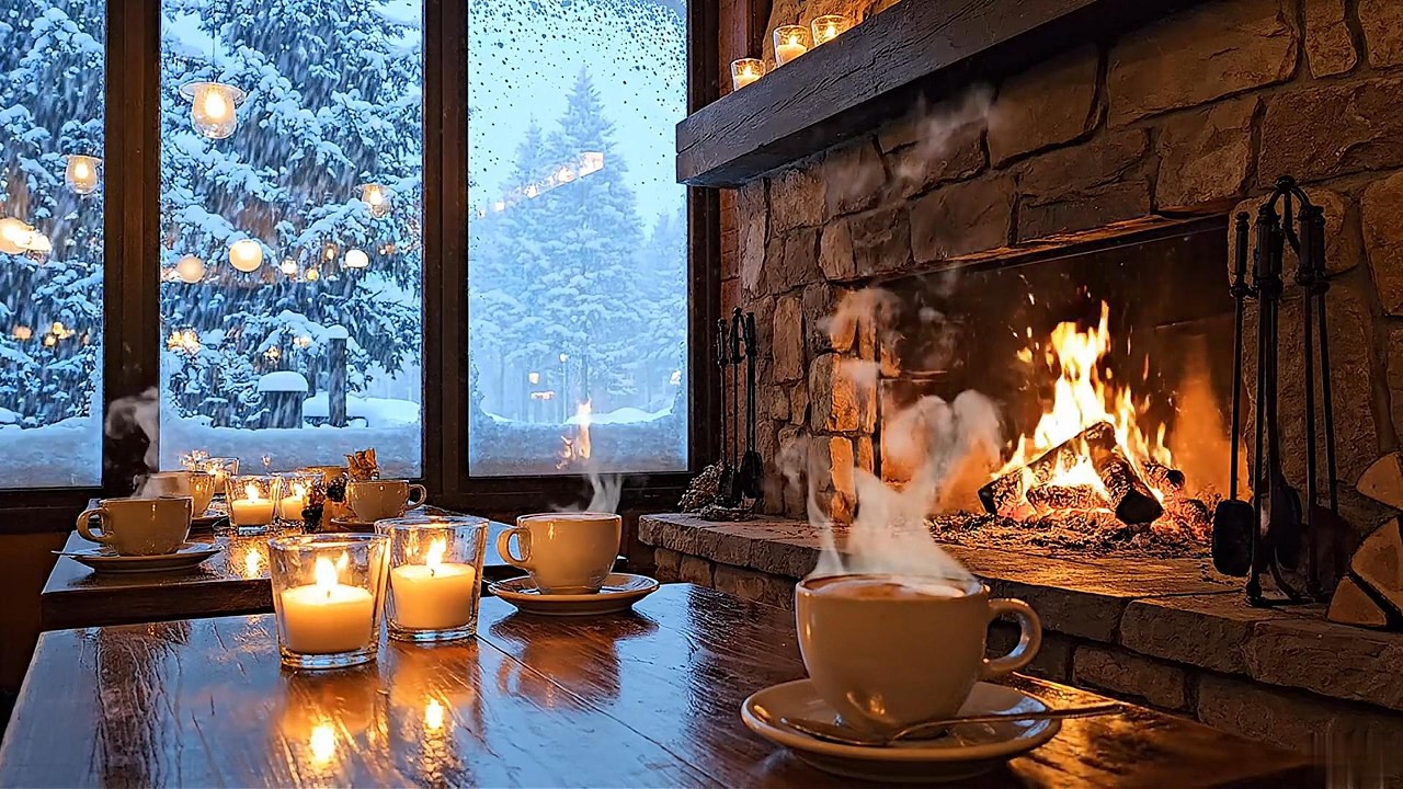 Relaxing 4K Snowy Cabin Jazz | Crackling Fire & Warm Candles
