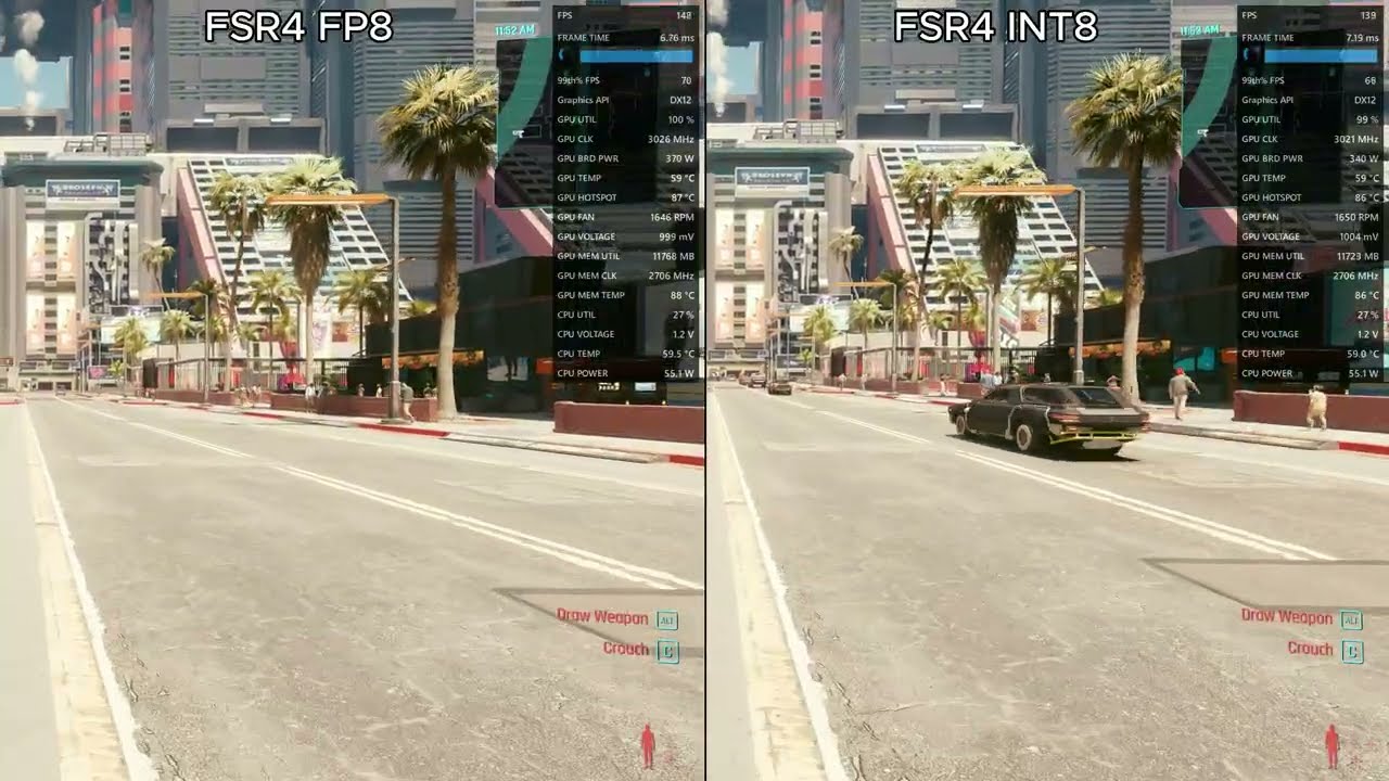 Cyberpunk 2077 | FSR4 FP8 vs FSR4 INT8, 1440p, Performance (9070 XT)