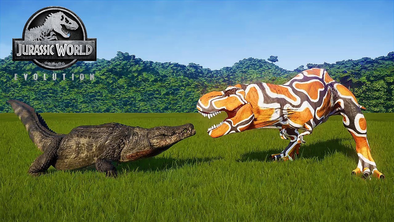 TYRANNOSAURUS REX VS DEINOSUCHUS (CROCODILE) - JURASSIC DINOSAUR BATTLE || JURASSIC WORLD EVOLUTION