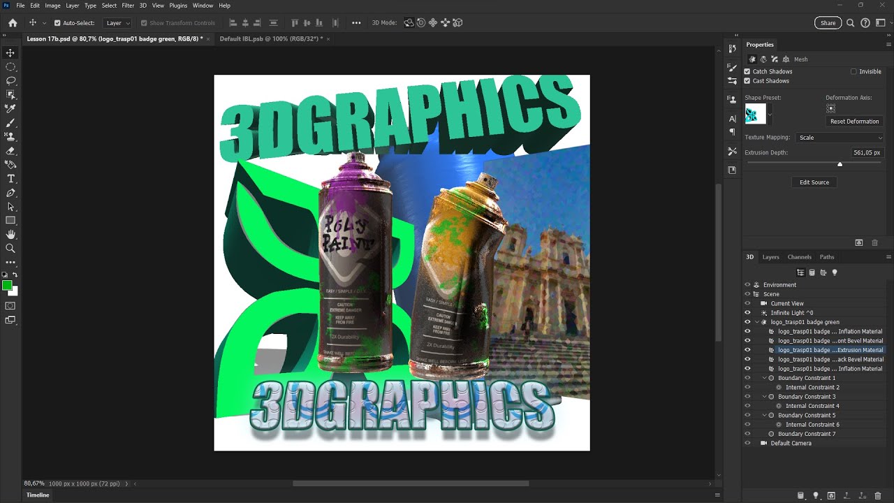 PHOTOSHOP - Lesson 17 - 3D, Text and Shapes, Extrude, Import, Material, Light, Environment,, Render