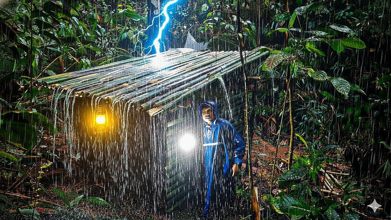 Camping Survival (LIGHTNING STORM) Building a Bamboo House in Heavy Rain ASMR
