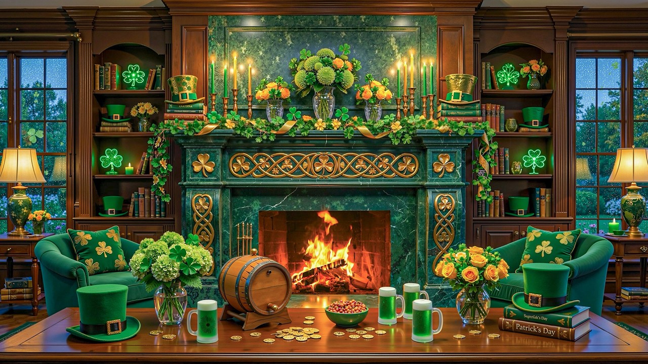 St Patrick&rsquo;s Day Fireplace Ambience 🍀 Relaxing Irish Instrumental Music, Happy St Patrick&rsquo;s Day