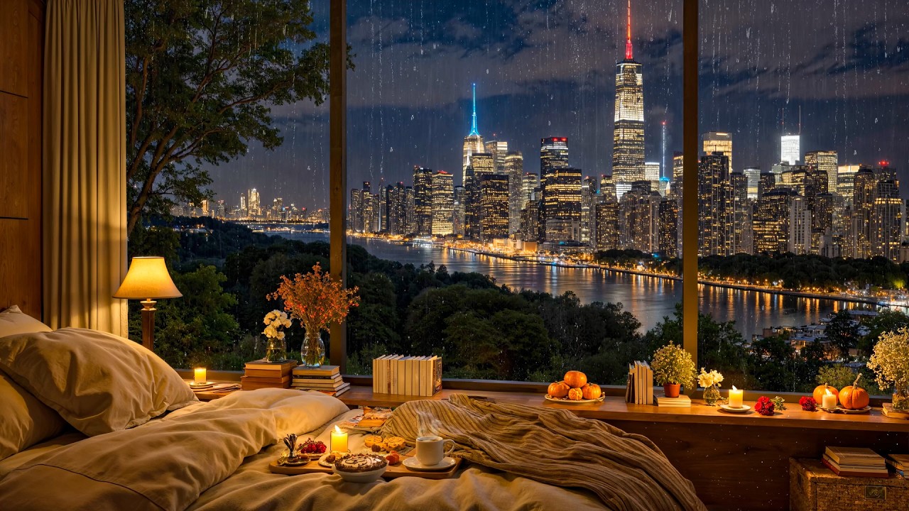 Cozy Bedroom in a Rainy City Night 🏙️🌧️ Soft Jazz Music for Relaxation and Deep Sleep