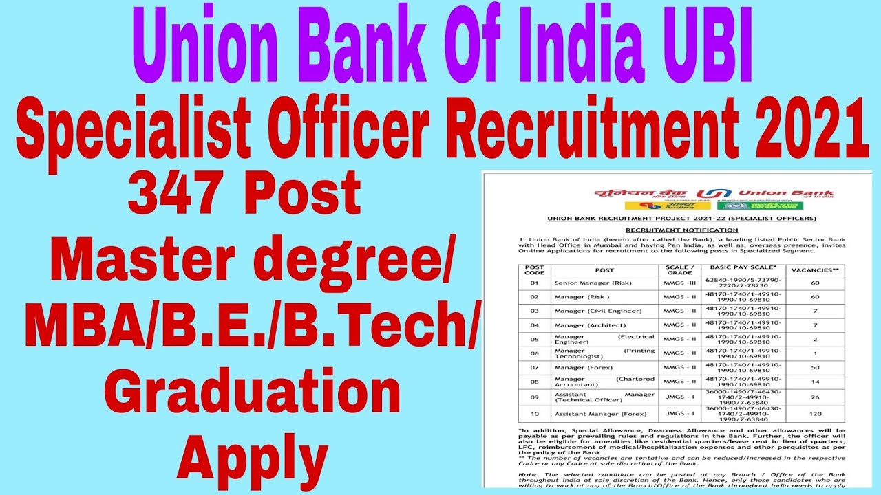 Union Bank Of India Specialist Officer SO Recruitment 2021|Union bank Vacancy Notification 2021