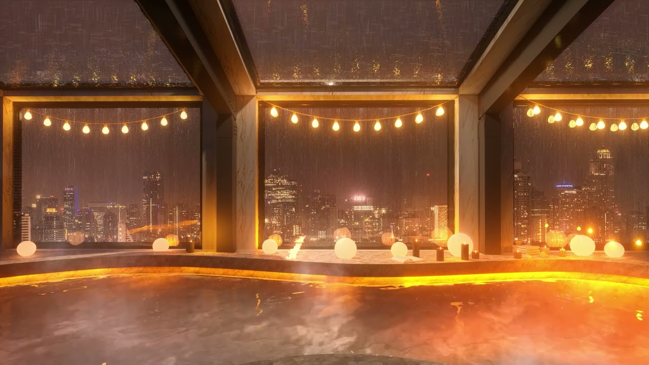 Looftop Bath Ambience | Rainy Window Sounds For Sleeping | Onsen ASMR