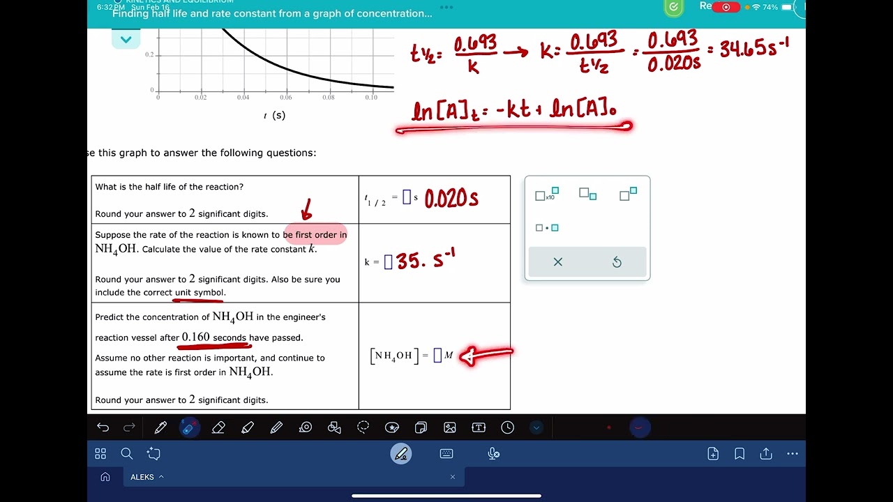 ALEKS: Finding half life and rate constant from a graph of concentration versus time