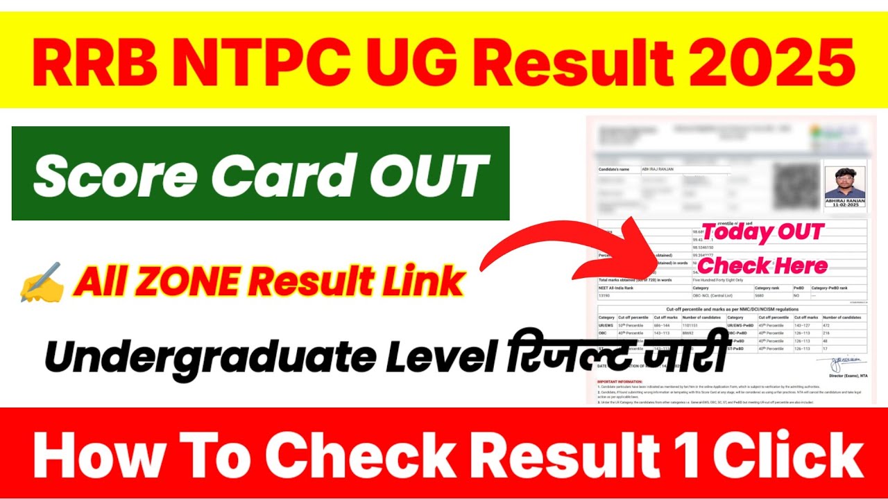 RRB NTPC UG Result 2025 ⚫ RRB NTPC Undergraduate Result 2025 Kaise Dekhe ? RRB NTPC UG Score Card