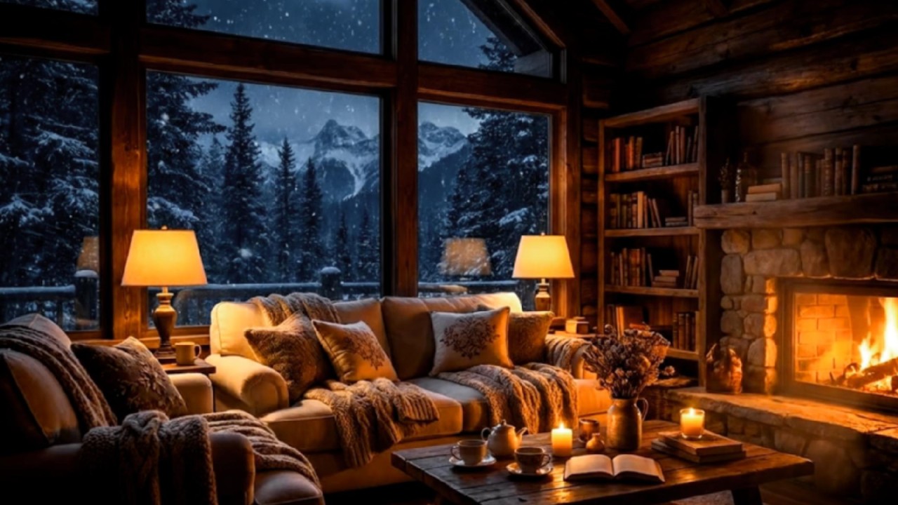 Cozy Winter Cabin Fireplace Ambience ❄️ Snowfall Night in the Mountains  Relaxing Fire Sounds