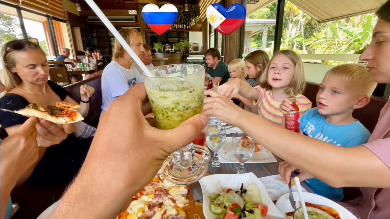 Russian party in the Philippines! Going to restaurant to eat pizza and play games!