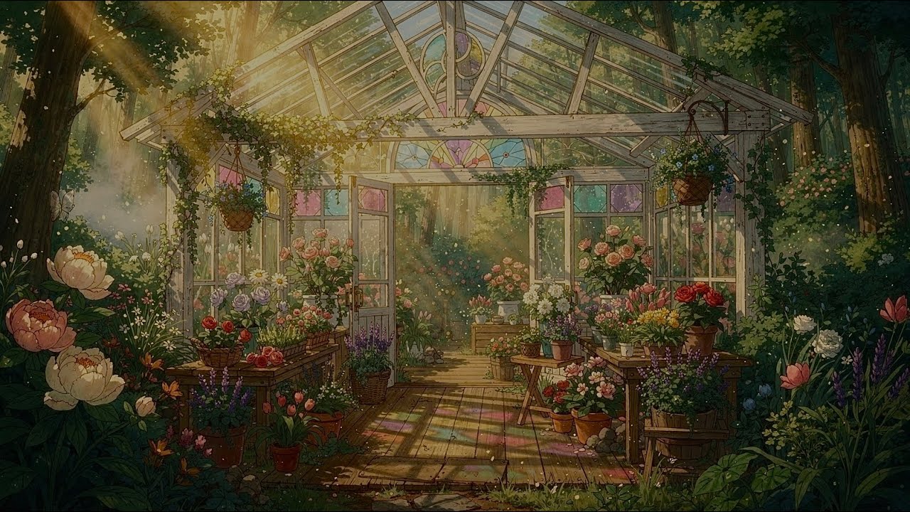 Sunny Spring Greenhouse Ambience 🌿 Slow Joyful Piano & Strings | Peaceful Cottagecore Music 2 Hours