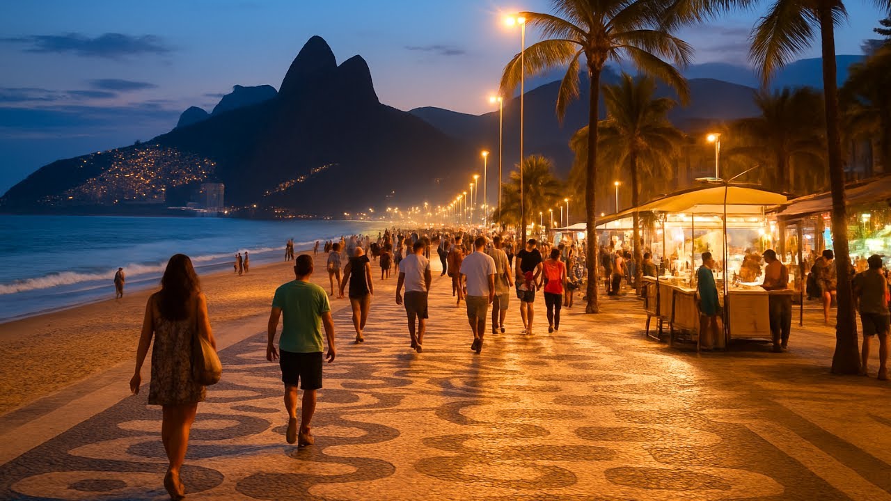 WALKING ALONG IPANEMA BEACHFRONT AT NIGHT — RIO DE JANEIRO, BRAZIL【4K】🇧🇷