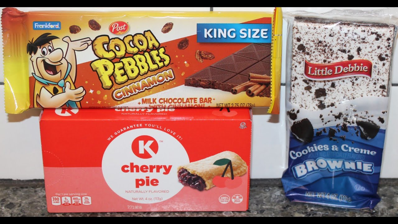 Frankford Cinnamon Cocoa Pebbles Bar, Circle K Cherry Pie, Little Debbie Cookies & Crème Brownie