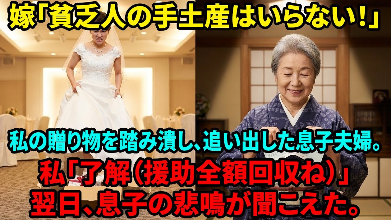 【スカッと】結婚式で「貧乏人の施しはゴミだ」と手土産を踏み潰された私。「分かった」と微笑んで援助を全額回収した結果、息子夫婦が破産し一家離散w【シニアライフ】【60代以上の方へ】