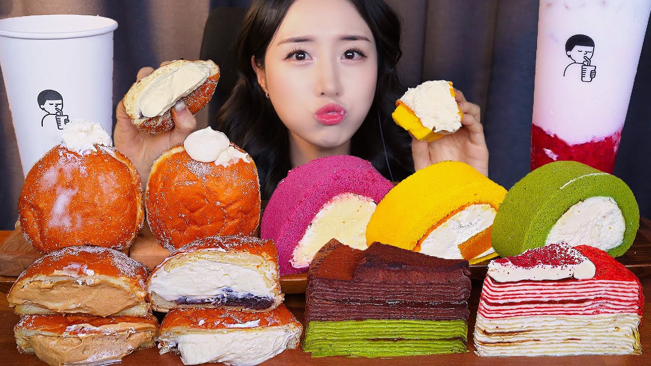 🍩 ПОНЧИКИ С ЗАВАРНЫМ КРЕМОМ БЛИННЫЙ ТОРТ АСМР Мукбанг ДесертㅣDonut Cake Dessert Mukbang