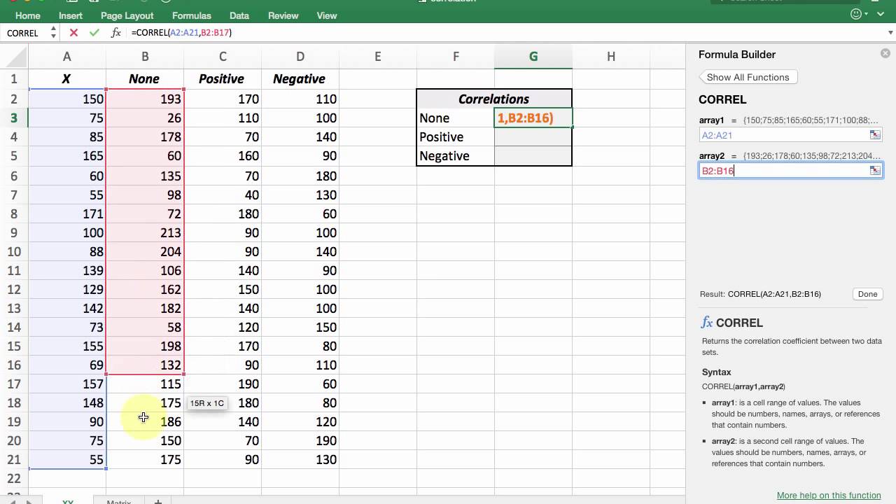 Использование Excel для расчета коэффициента корреляции с целью интерпретации взаимосвязи между п...