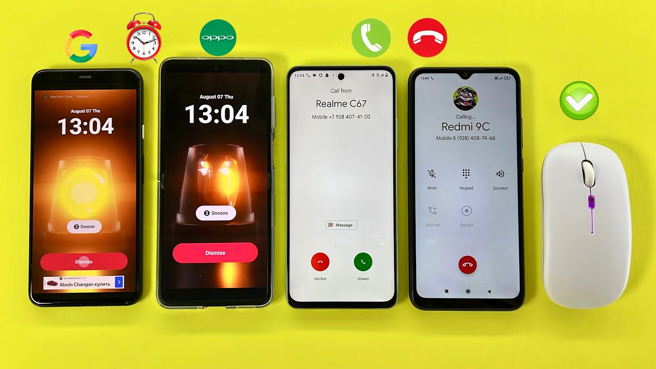 Realme C67 Calling on Redmi 9C using a Computer Mouse Incoming Outgoing Call/ Alarm on Pixel & OPPO 