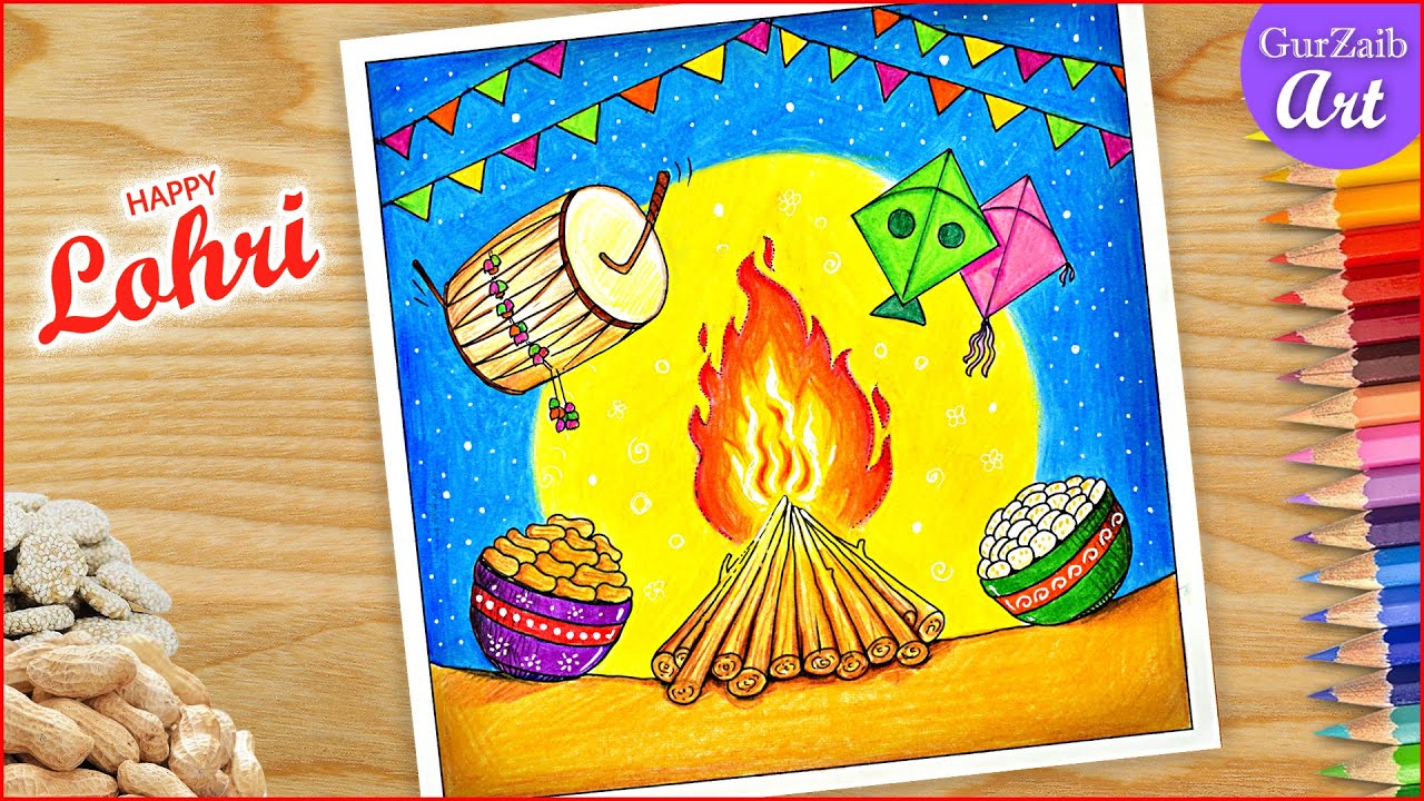 How to draw Lohri Drawing for Beginners / Celebrating Indian festival Lohri with Art