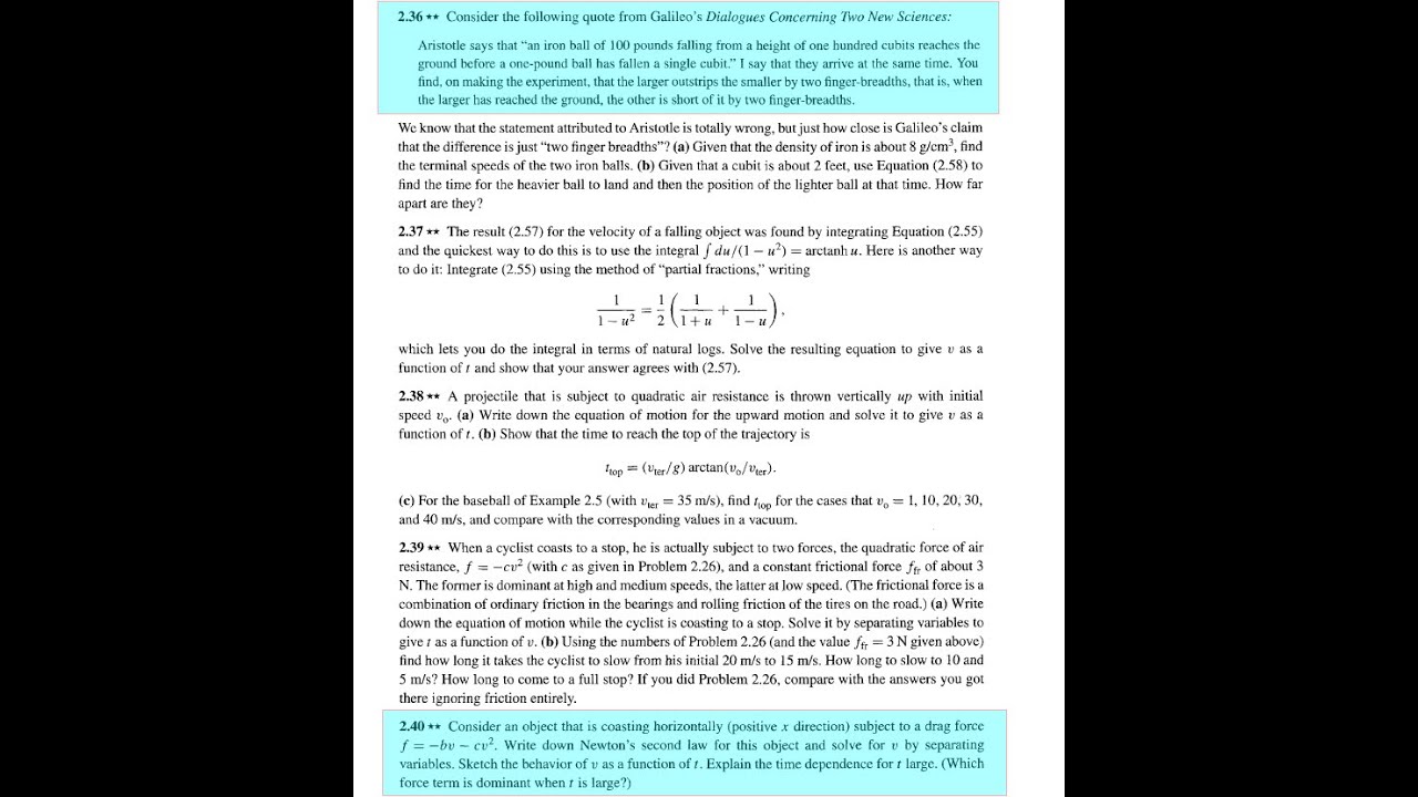 Classical Mechanics - Taylor. Prob 2.36, 2.40: Quadratic Air Resistance