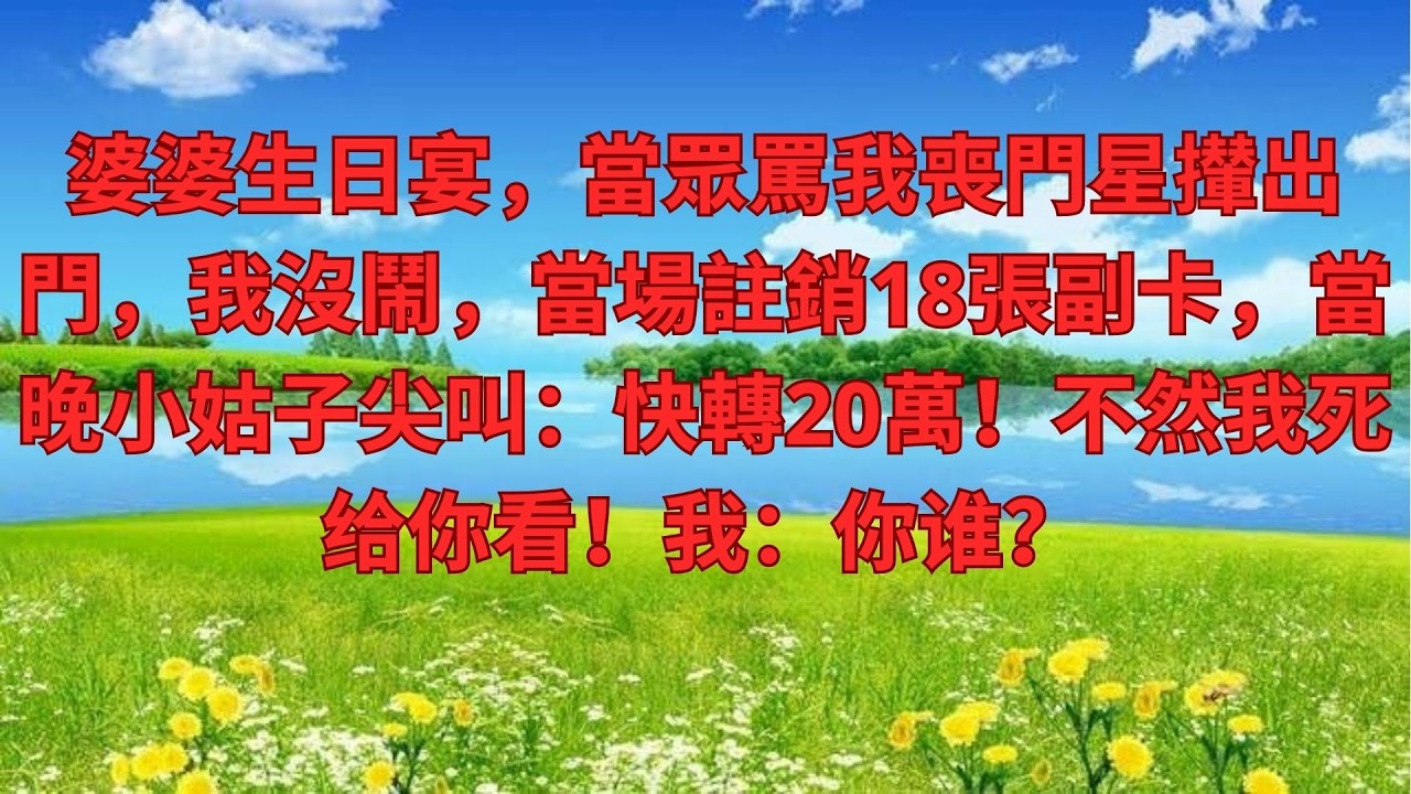 婆婆生日宴，當眾罵我喪門星攆出門，我沒鬧，當場註銷18張副卡，當晚小姑子尖叫：快轉20萬！不然我死给你看！我：你谁？