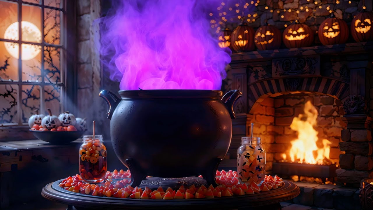 🎃 Halloween Ambience: Witch's Bubbling Cauldron, Cozy Crackling Fireplace & Spooky Autumn Magic | 4K