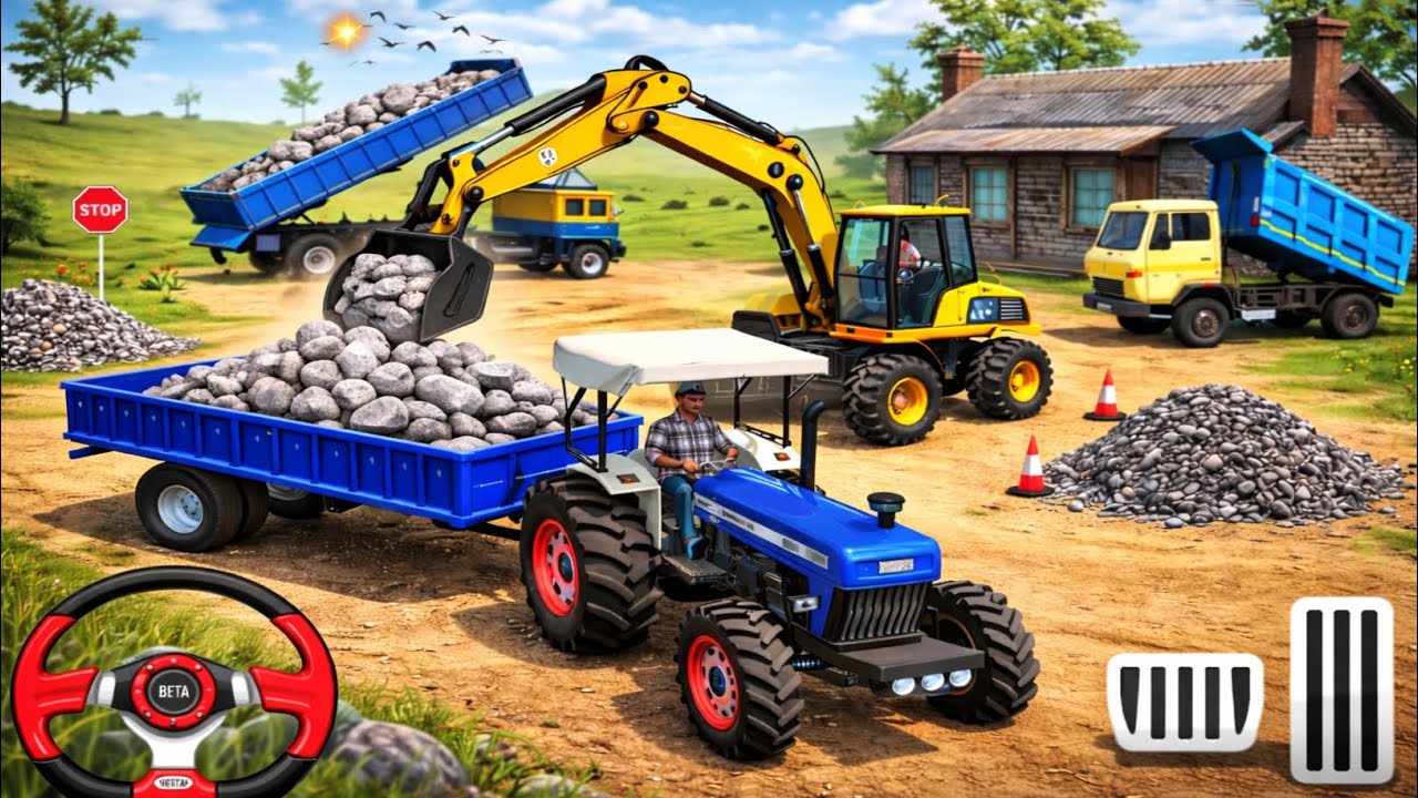 JCB loaded heavy stones into the tractor 