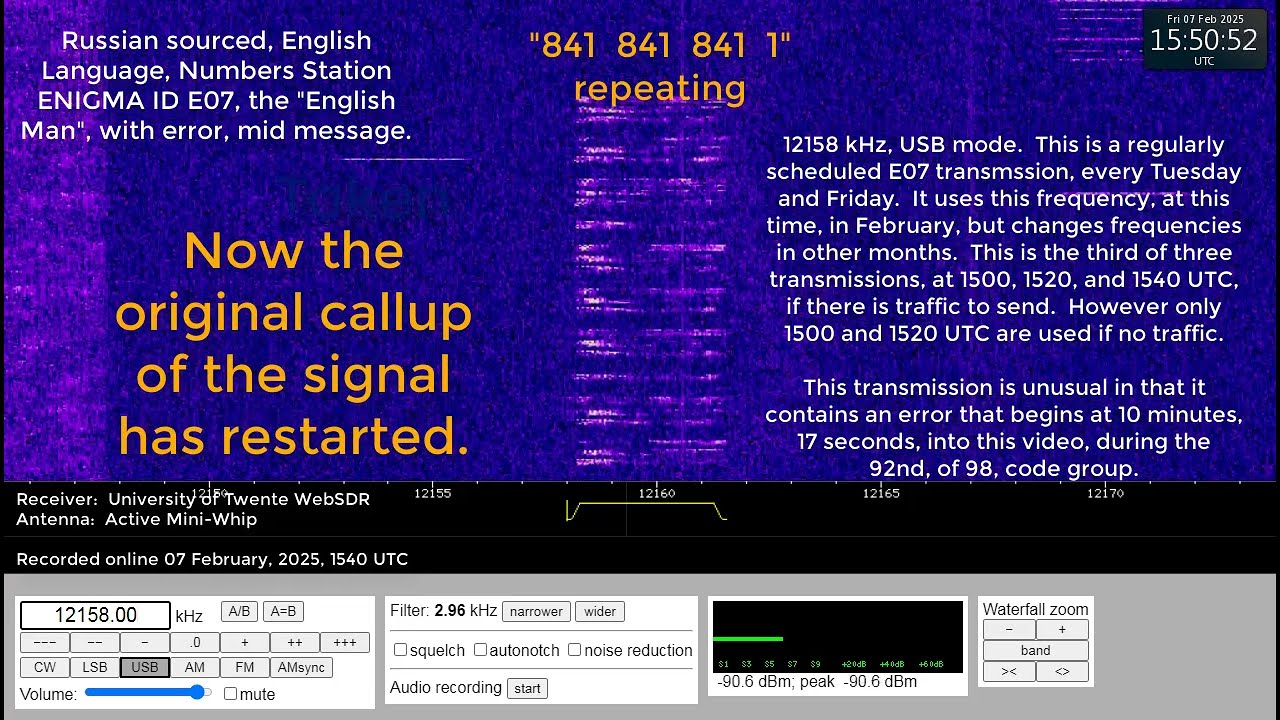 Numbers Station, English, E07, Error transmission,  12158 kHz, USB mode, 07 February, 2025, 1540 UTC