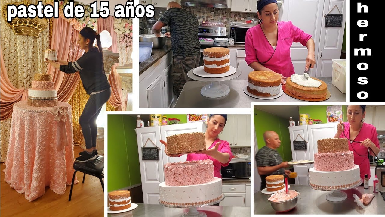 Decoración de pastel de 15 años y mesa de postres sencilla | 6", 8", 10" y 14" para 120 personas