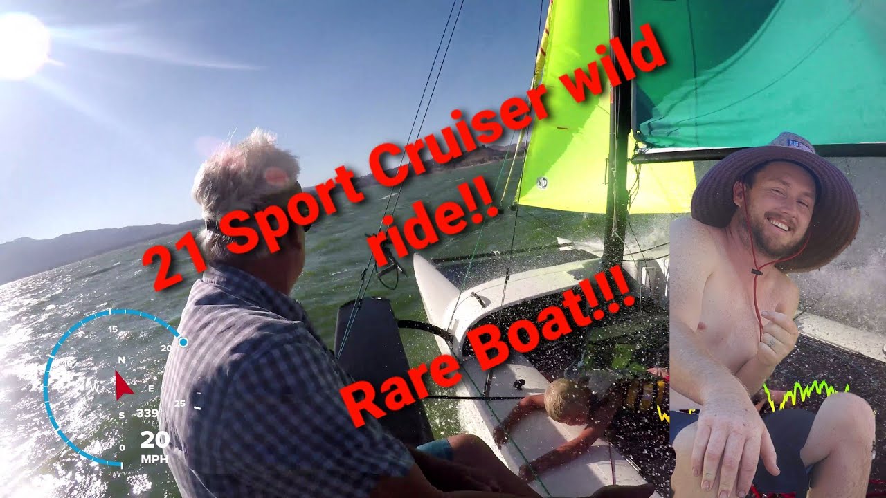 Sailing the "Unicorn" Hobie 21SC Sport Cruiser. Lake Elsinore Bradstock Beach. California