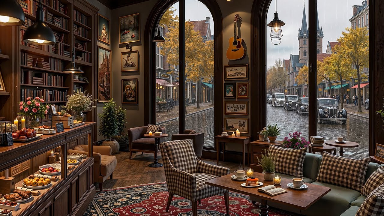 Autumn Jazz Piano 4K 🍁 Cozy Coffee Shop Ambience with Rain Sounds for Relax and Study