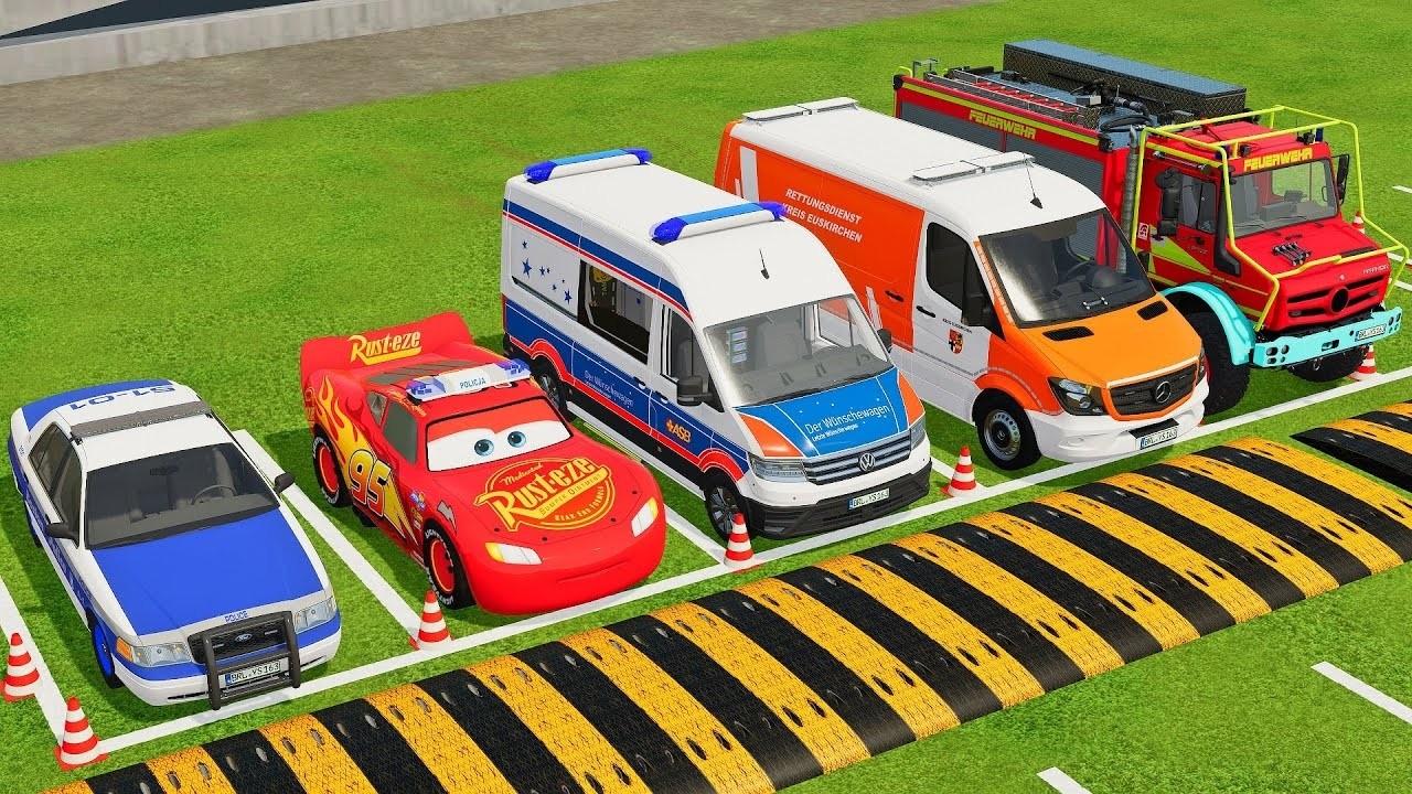 TRANSPORTING POLICE CARS, AMBULANCE, FIRE DEPARMENT VEHICLES WITH MIXER TRUCKS TO THE GARAGE ! FS22