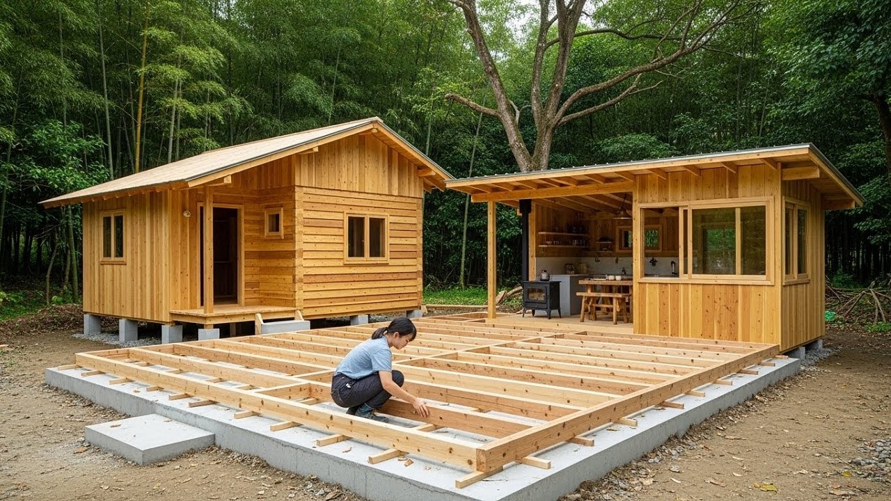 Without elaborate blueprints, the young woman created a wooden house and a complete kitchen