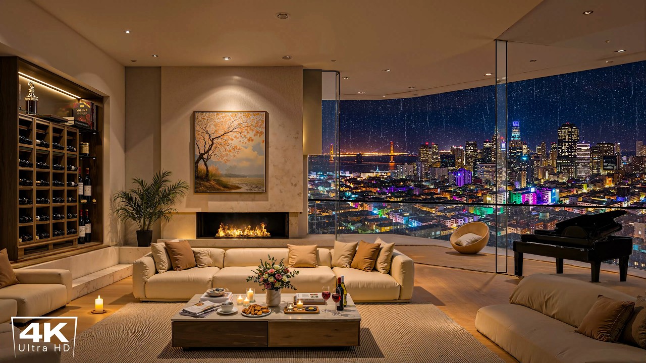 4K Cozy Apartment Ambience on Rainy City Night 🌃 Elegant Piano Jazz Background Music for Deep Sleep